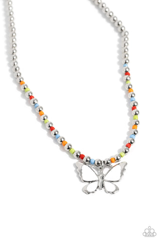 Paparazzi Vibrant Flutter - White Seed Bead  Butterfly Necklace