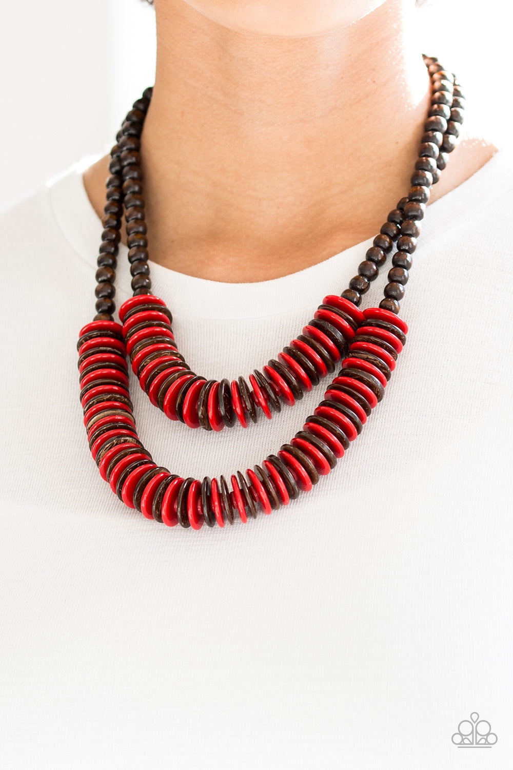 Paparazzi Dominican Disco - Red and brown wooden necklace